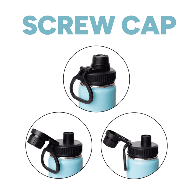 A drink bottle in light blue featuring three different black lid options, including a screw cap. It has a logo on the side.