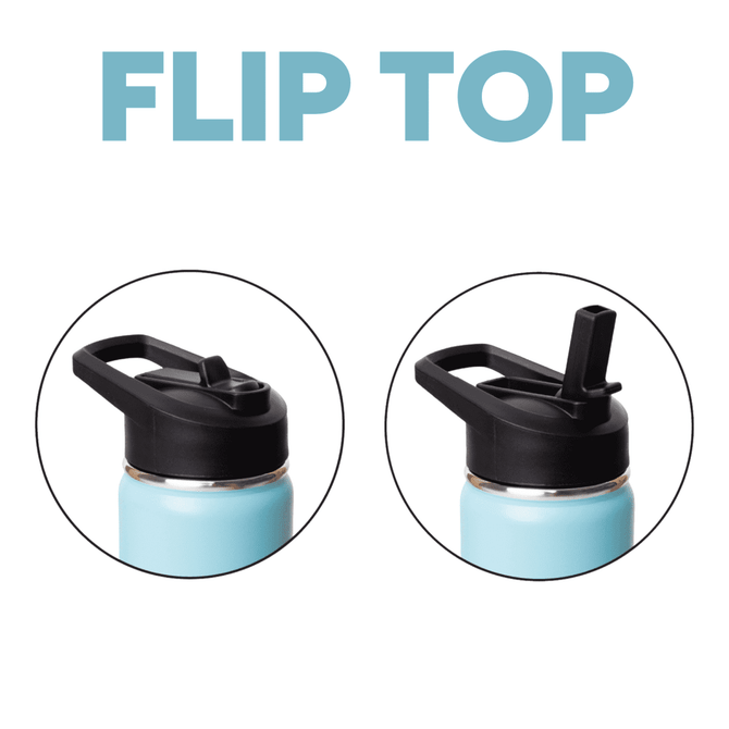 A drink bottle with a light blue body and two black flip top lid options. Features a logo on the side.