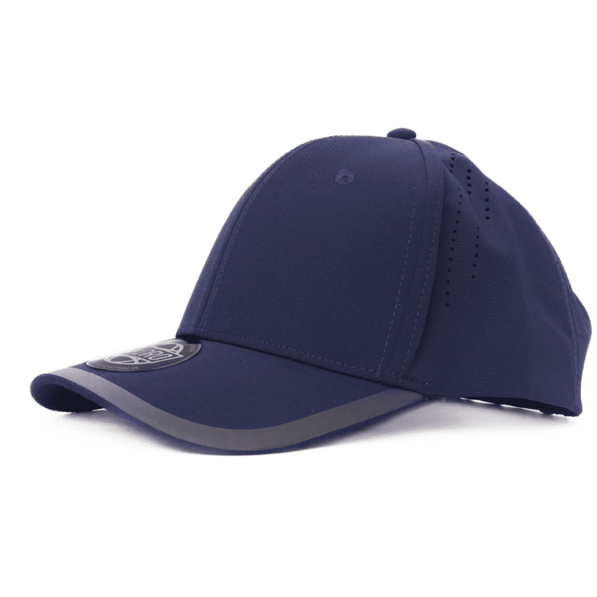 A navy cap with a curved brim, featuring a logo on the front and ventilation holes on the sides.