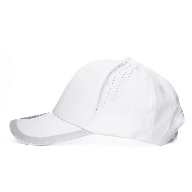 A white cap with a grey peak and ventilation holes, featuring a logo on the side.