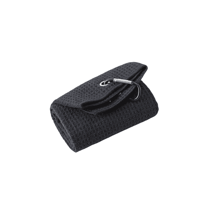 A black sandless golf towel rolled up with a carabiner clip, featuring a textured surface and a logo.