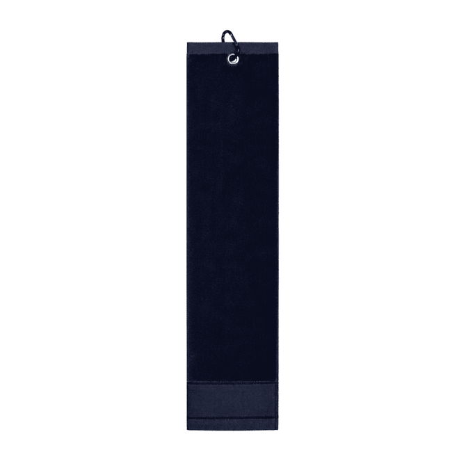 A navy cotton golf towel with a hanging loop, featuring a simple design and a logo.