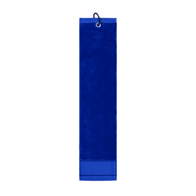 A blue cotton golf towel with a loop for hanging. Features a simple design and soft texture.