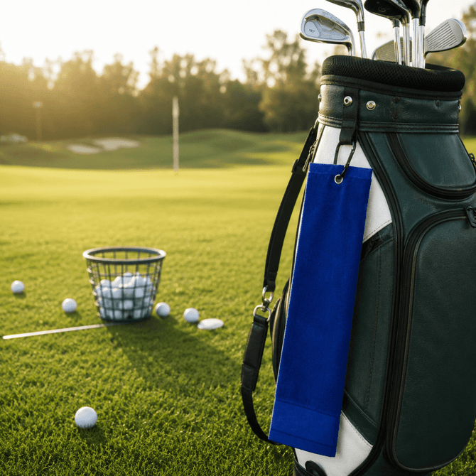 A blue cotton golf towel hangs from a golf bag beside a basket of golf balls on a grassy field.