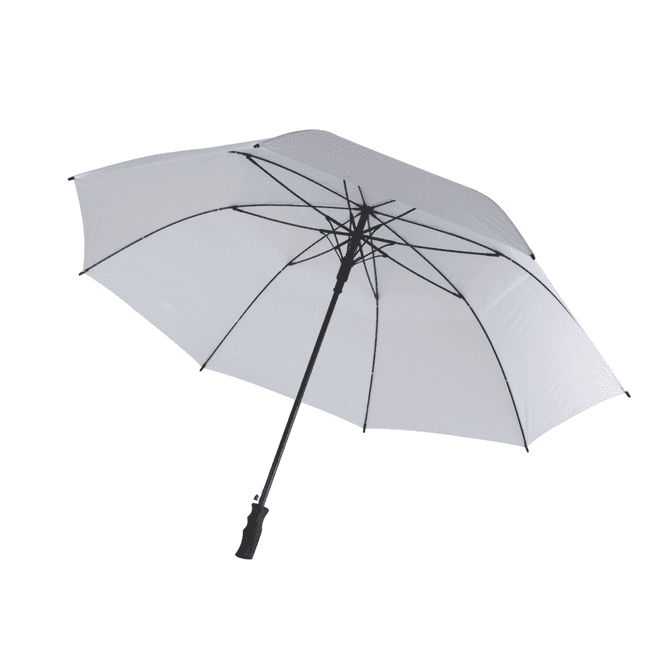 A large white golf umbrella with a black handle and frame, featuring a sturdy design for outdoor use.
