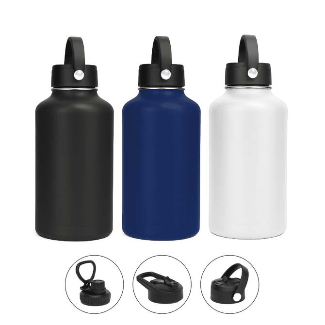 A drink bottle set featuring a black, navy, and white vacuum flask, each with different lid options and branding.