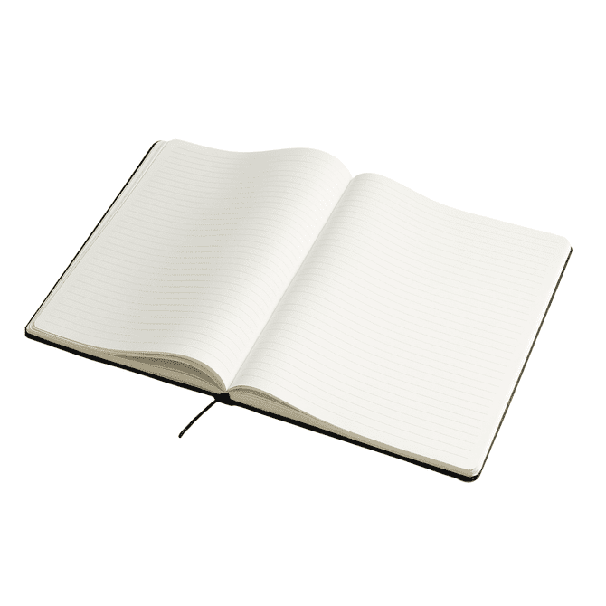 An open A4 hard cover notebook with lined pages and a ribbon bookmark, featuring a black cover.