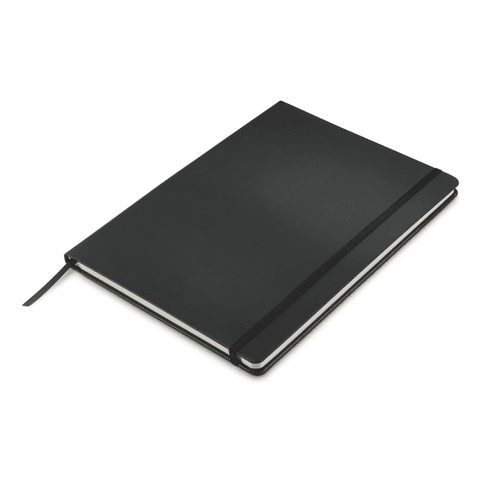 A black A4 hard cover notebook with an elastic strap and ribbon bookmark, featuring a branded logo.