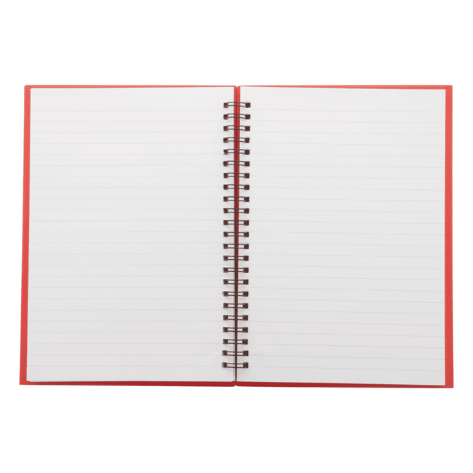 A spiral bound notebook with plain white lined pages and a red cover. It has a logo on the front.