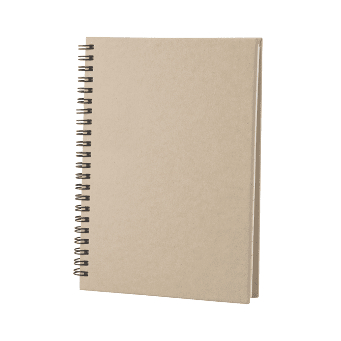 A spiral-bound A5 notebook in a beige cover, featuring a black spiral binding. It has a simple, plain design.