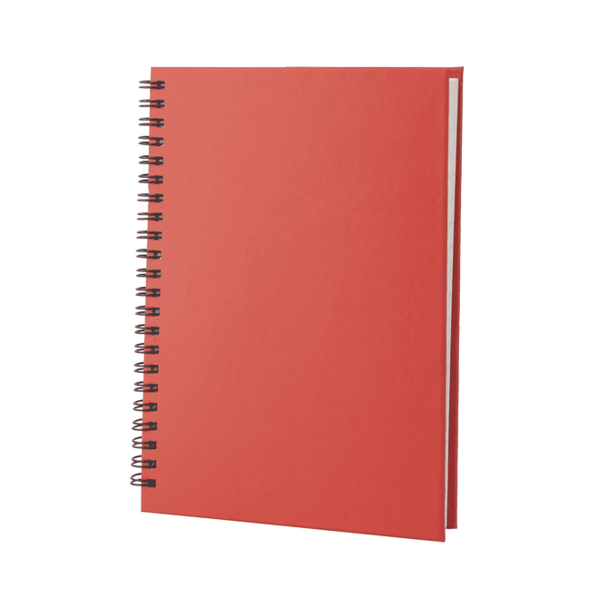 A red A5 spiral bound notebook with a plain cover and a spiral binding.