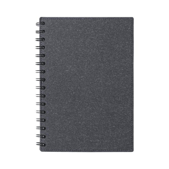 A dark grey spiral-bound notebook with a textured cover and a simple black coil binding.
