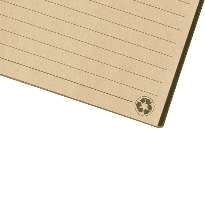 A brown notebook with lined pages and a small recycling logo in the corner.