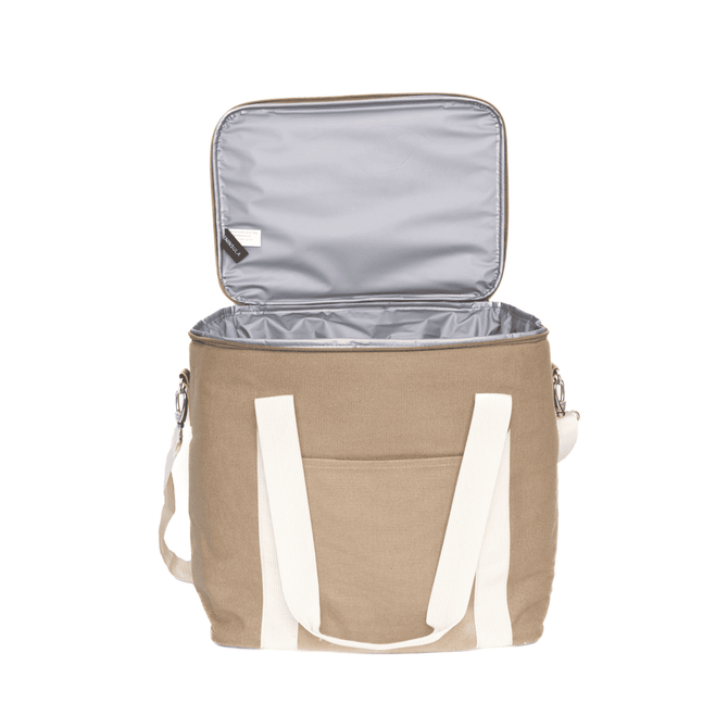 A beige cooler bag with a silver interior and white straps, featuring an open top and a front pocket.