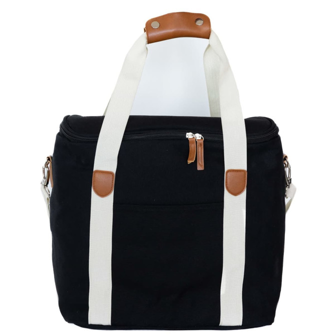 A black cooler bag with white straps and a brown handle, featuring a zippered pocket on the front.