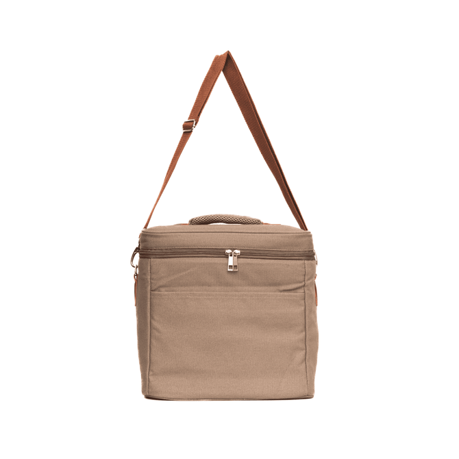 A beige cooler bag with a zippered compartment and an adjustable shoulder strap. It features a small handle on the top.