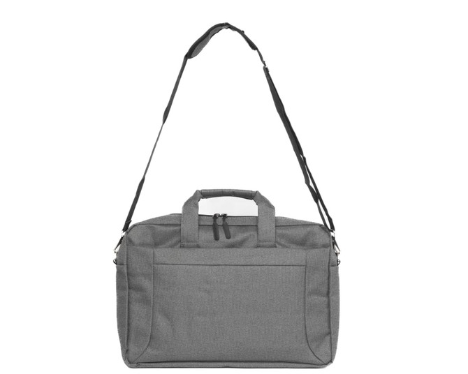 A grey essential laptop bag with adjustable shoulder strap and dual carry handles, featuring a front pocket and logo.