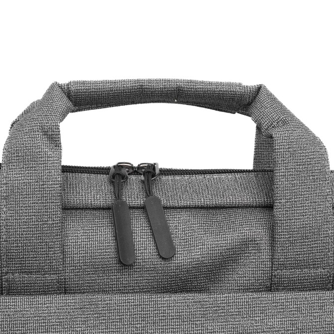 A grey laptop bag featuring a top handle and a zipper closure. It has a textured fabric and includes a logo.