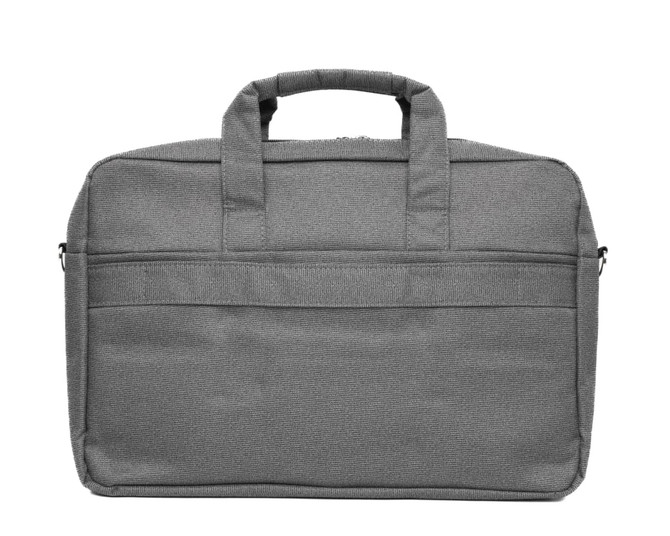 A grey essential laptop bag with two handles and a zipper closure, featuring a front pocket and a logo.
