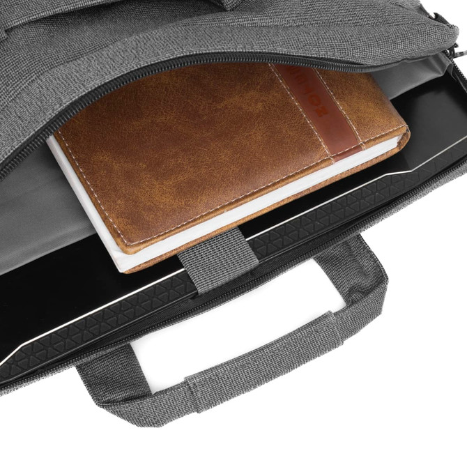 A grey laptop bag with a brown notebook inside, featuring a sleek, modern design and a logo.