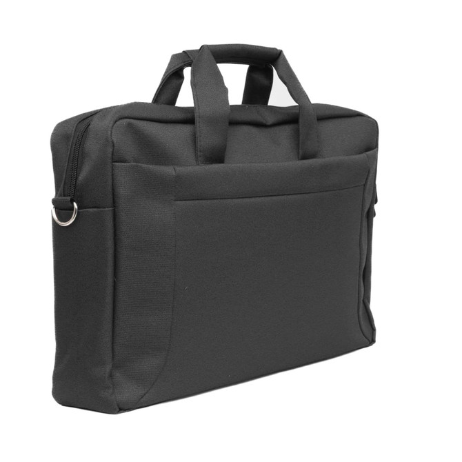 A black laptop bag with two handles, featuring a front pocket and minimalistic design. It has a logo on it.