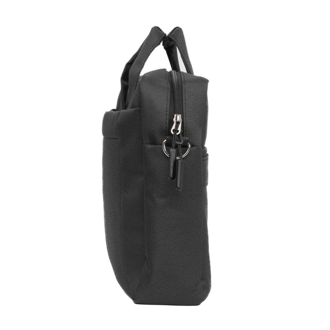 A black laptop bag with a zippered closure and a side pocket, featuring a carry handle.