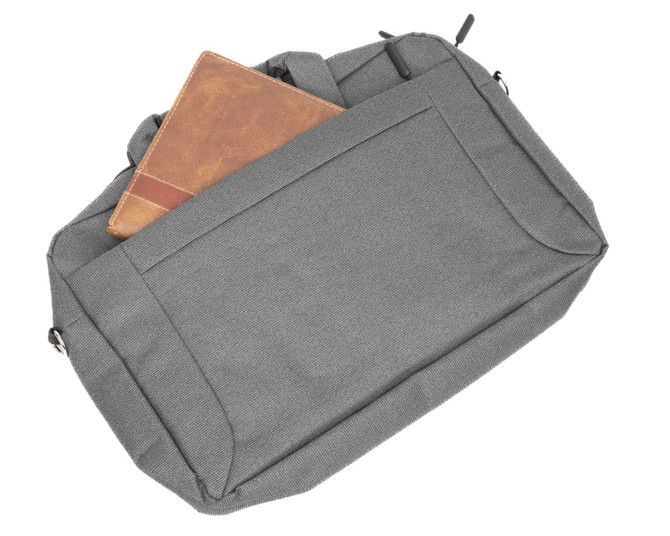 A grey laptop bag with a large front pocket containing a brown notebook. The bag has a sleek design and visible branding.