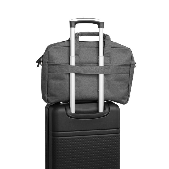 A grey laptop bag placed on top of a black suitcase, featuring a handle and zippers.