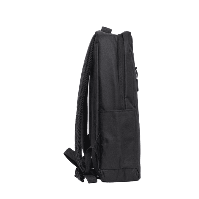 A black backpack featuring a slim profile, adjustable straps, and a side pocket. It includes a logo.
