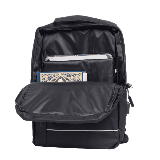 A black backpack featuring a main compartment and front pocket, with visible items like a tablet and a notebook.