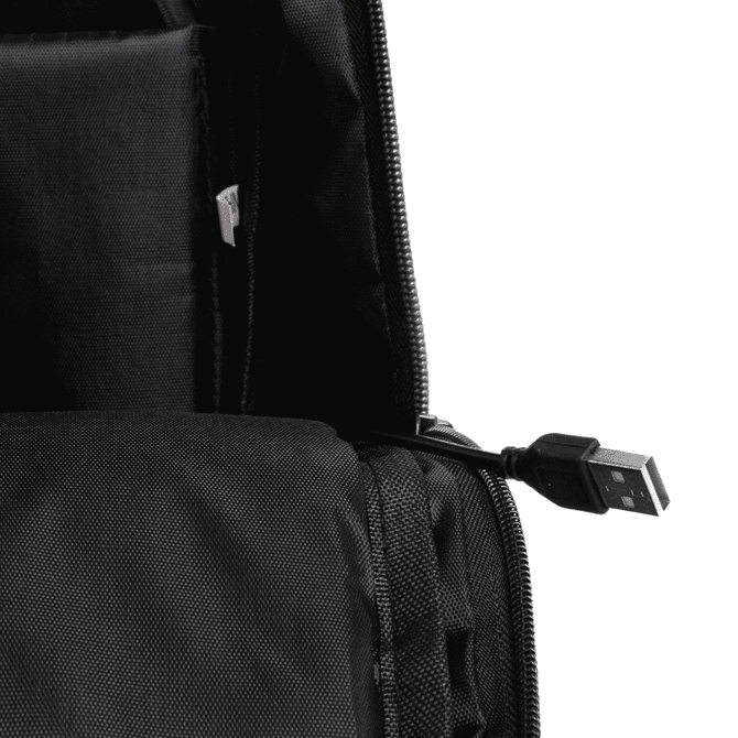 A black backpack with a visible USB charging cable inside. It features various compartments and a sleek design.