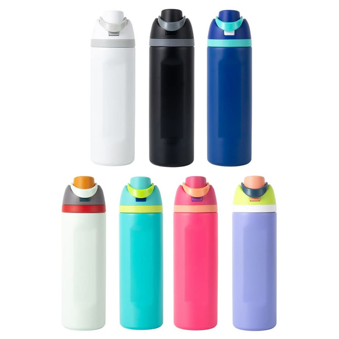 A drink bottle collection featuring eight stainless steel insulated bottles in various colours: white, black, blue, green, pink, and purple, each with a logo.