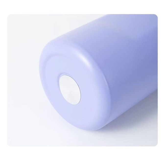 A drink bottle in a soft purple shade with a rounded base and a silver bottom insert. It features a logo.