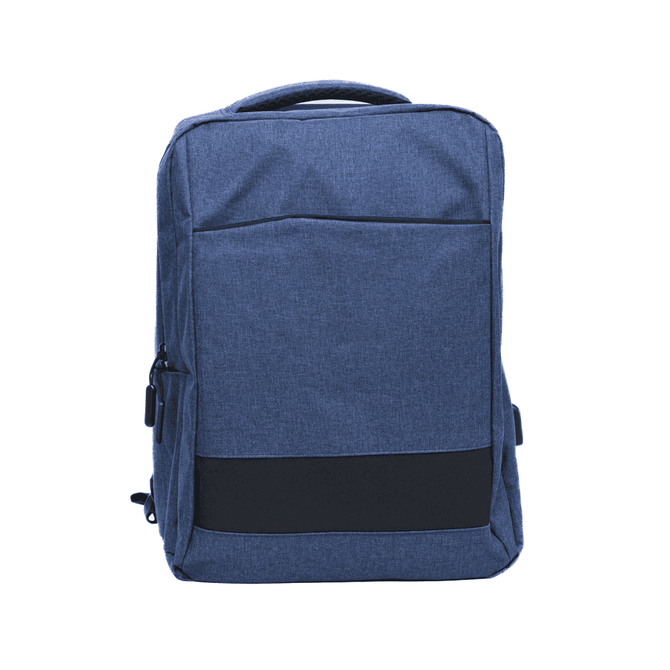 A blue Slate Backpack featuring a front pocket and a solid black stripe at the bottom. Includes a logo.