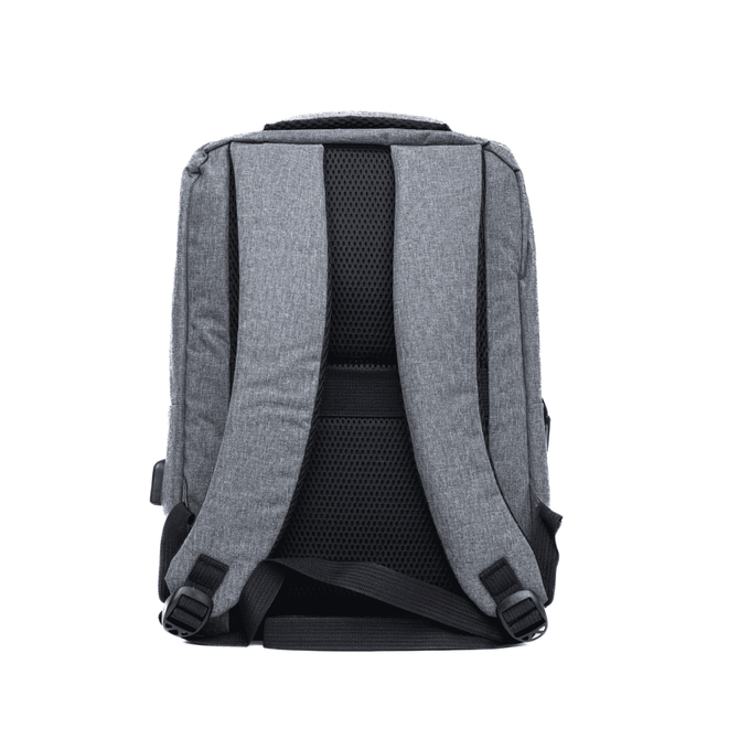 A grey backpack with padded mesh back and adjustable straps, featuring a simple design and a logo.