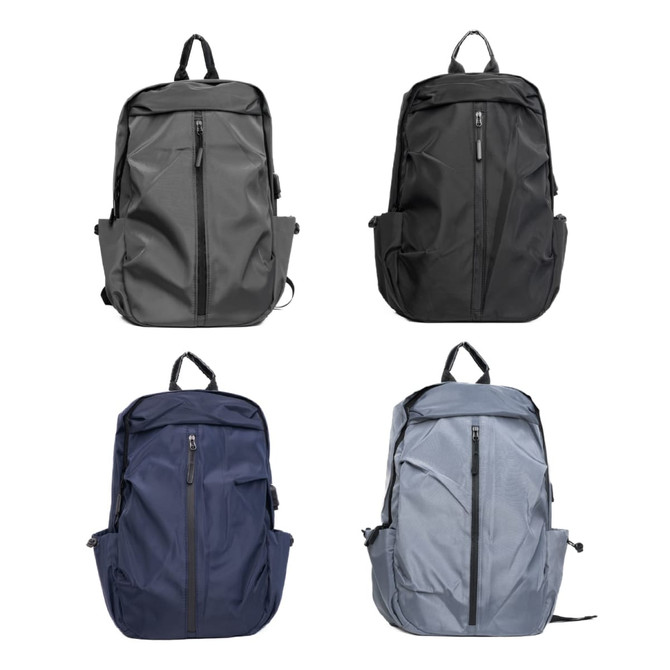 A collection of four backpacks in grey, black, navy, and light grey, each featuring a front zipper and branding.