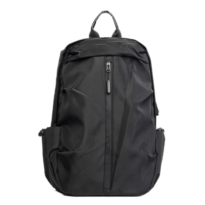 A black backpack with multiple compartments and pockets, featuring a top handle and a logo.