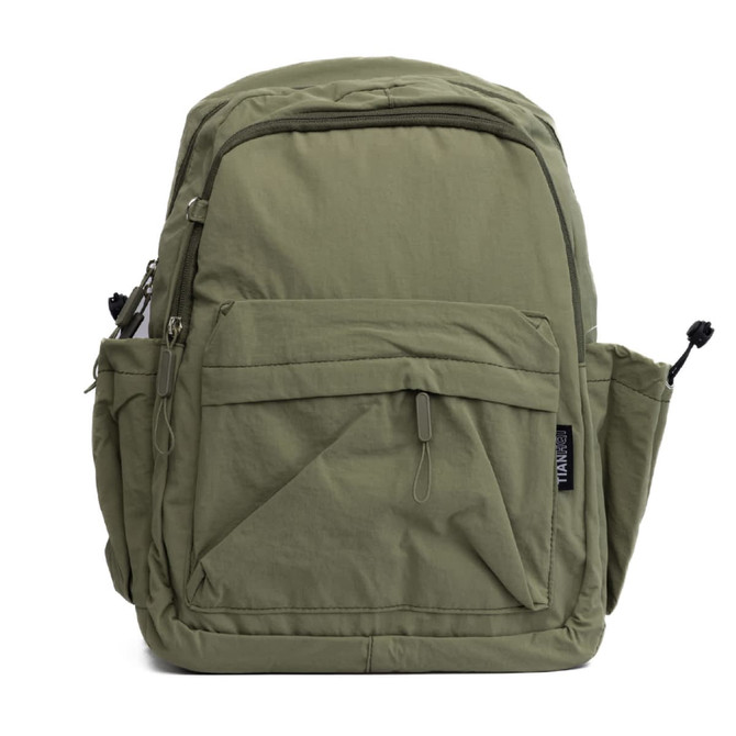 An olive green backpack with multiple compartments and a logo. Features side pockets and a sturdy build.