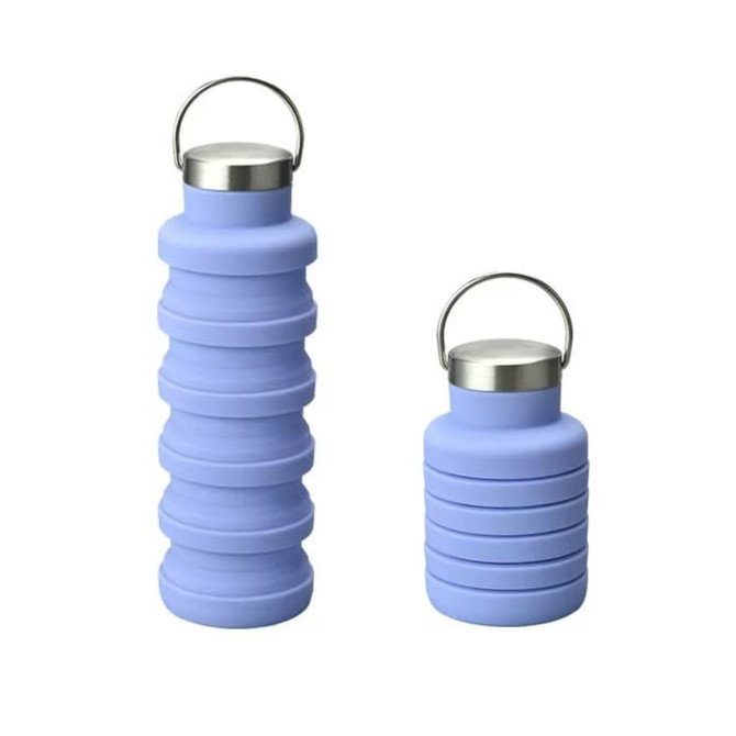 A drink bottle in a light blue colour, featuring a collapsible design and a metallic lid with a handle.