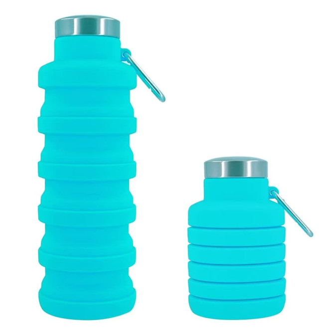 A drink bottle in bright turquoise, featuring a collapsible design and a metal cap. It has a branding logo.
