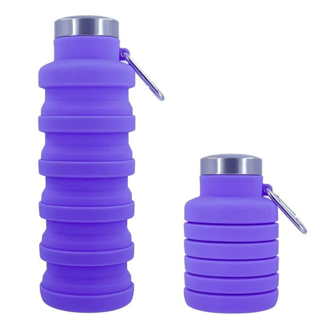 A drink bottle in purple, featuring a collapsible design with a metal cap and a carabiner attachment.