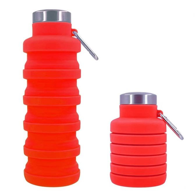A drink bottle set featuring a collapsible design in vibrant red, with silver-accented caps and logos.