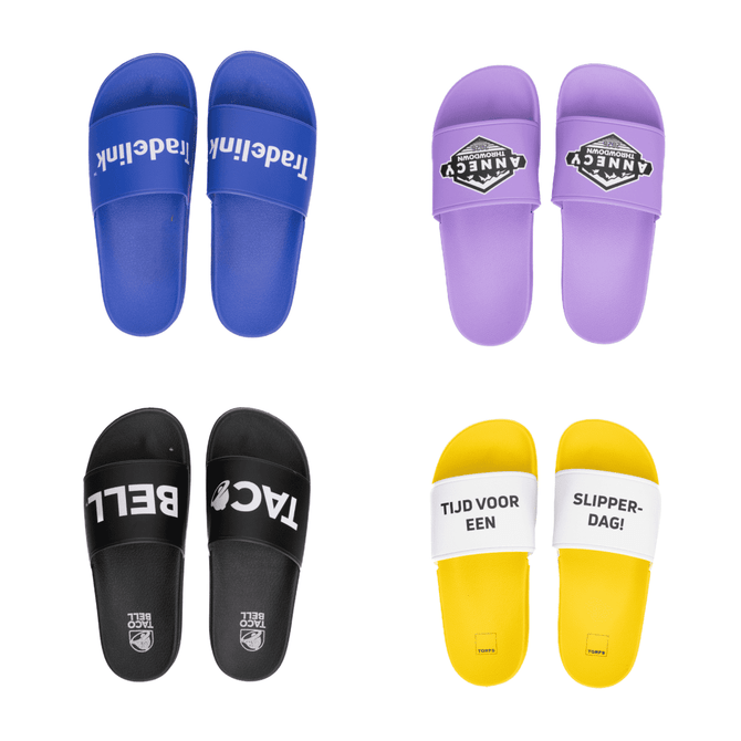 Four pairs of PVC slides in blue, purple, black, and yellow, each featuring different designs and logos.