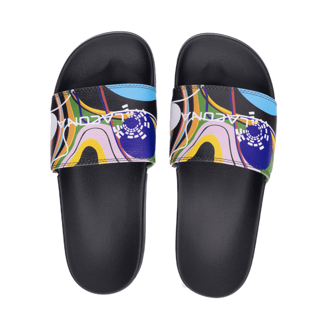 A pair of PU sublimated slides featuring a colourful abstract design with a black strap and a logo.