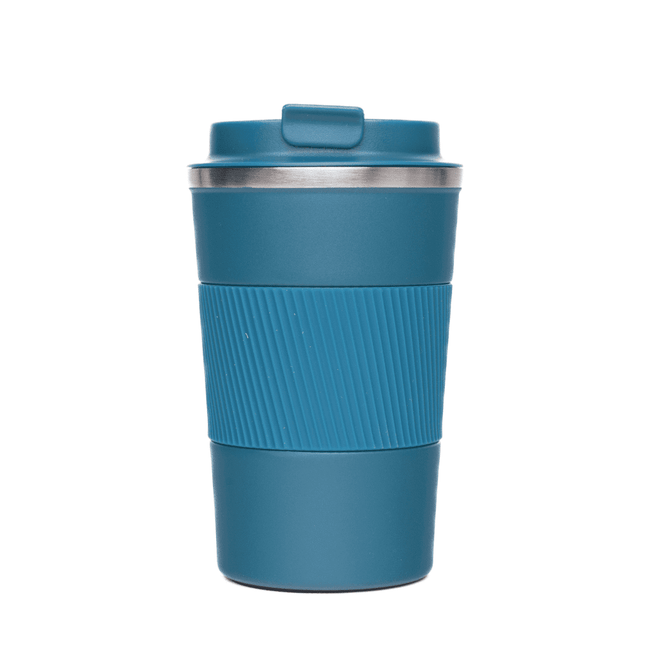 A teal reusable coffee cup with a textured grip and a metal lid, featuring branding on the side.