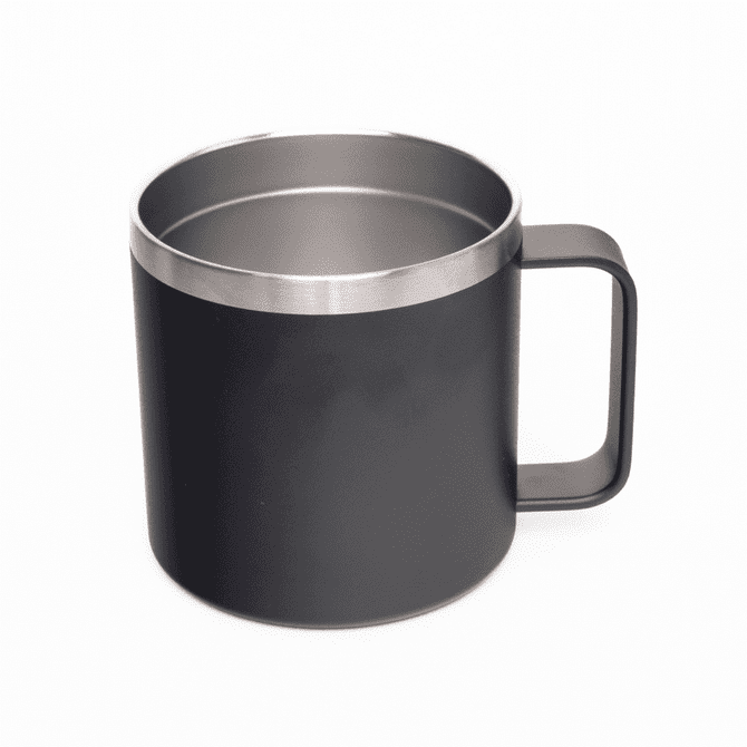 A 400ml coffee mug with a sleek black finish and a metallic rim, featuring a sturdy handle.