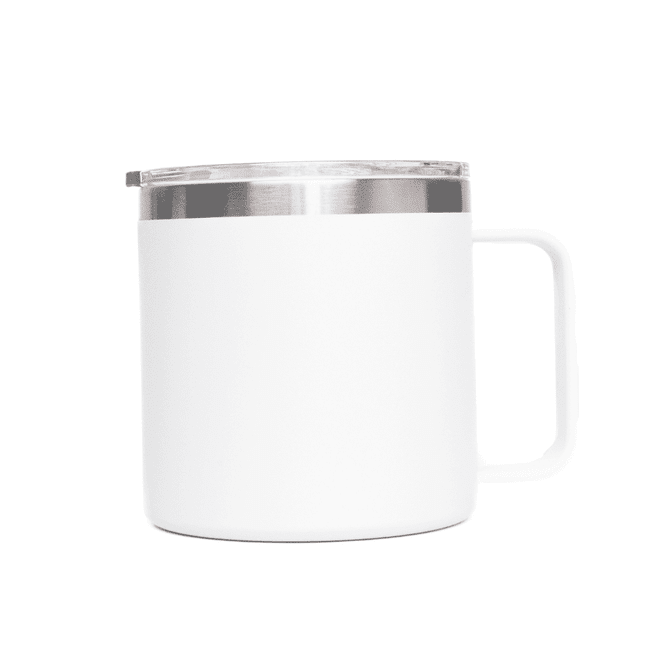 A white coffee mug with a stainless steel lid and a sturdy handle, designed for hot beverages.