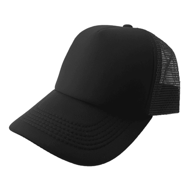 A black half mesh nylon foam trucker cap with a structured front and mesh side panels. Features a logo.
