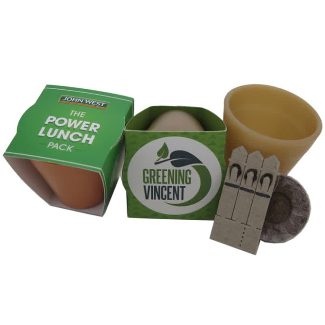 A green and brown promotional product package containing three plant pots, plant markers, and seed discs.