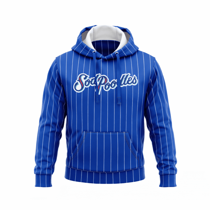 A blue hooded jumper featuring vertical stripes and a front kangaroo pocket. It has a logo on the front.